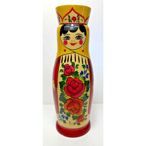 Vtg Wood Hand Painted Rodnik Vodka Russian Lady Matryoshka Vodka Bottle Holder